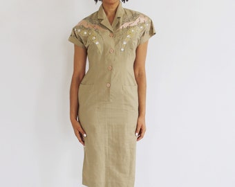 Tan Appliqué Linen Dress- 28, 4/6, 90s Beige Minimalist Button Front, Vintage 4