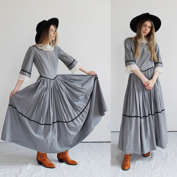 70s Vintage Boho Prarie Dress- 26, Gray Black Wit… - image 1