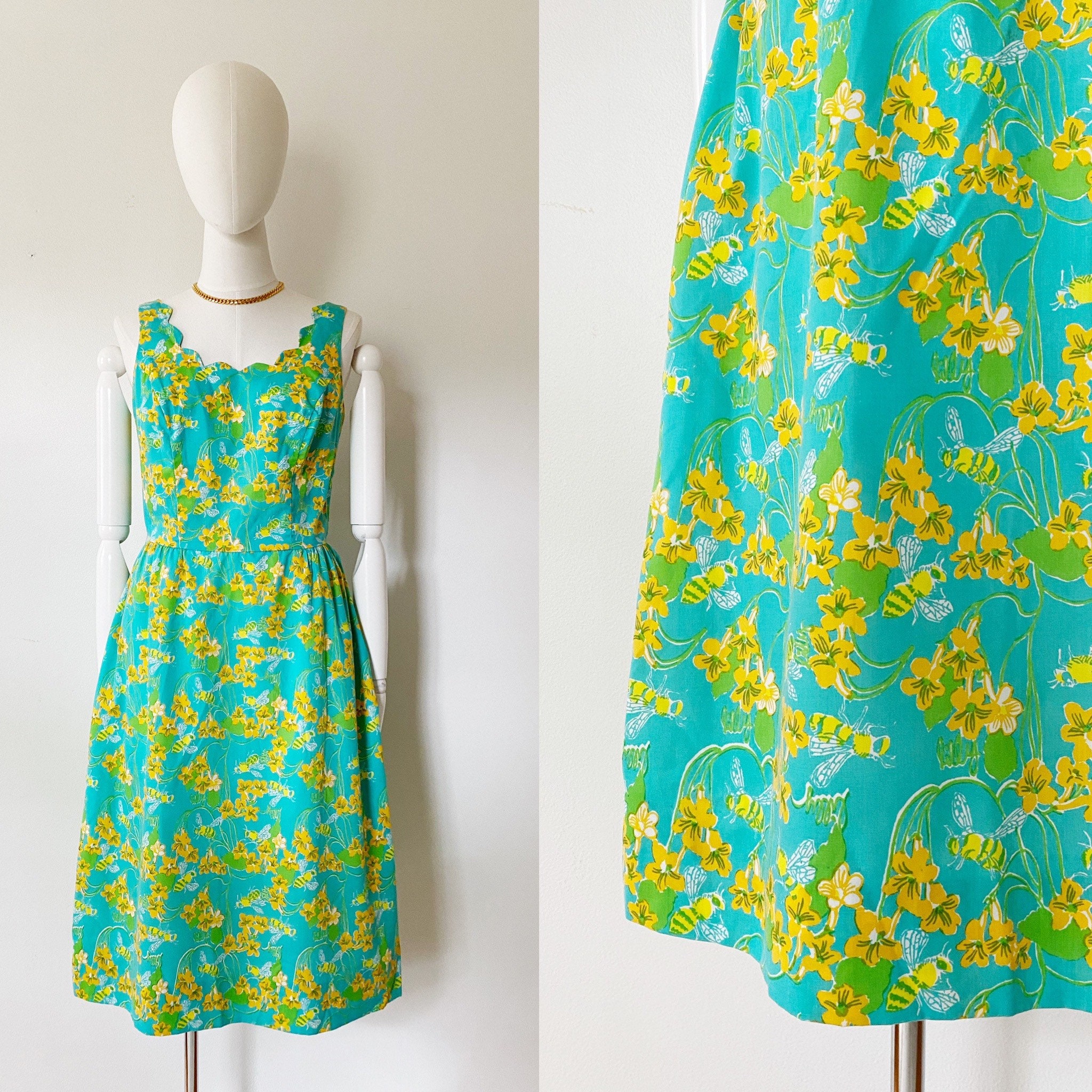 Lilly Pulitzer the Lilly Bumble Bee Dress 28 Teal Yellow 60s