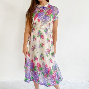 1950s Floral Peter Pan Collar Dress- 26, Sheer Silk, Pastel Betty Draper 4