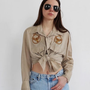 VINTAGE WESTERN SHIRT- Embroidered Cowboy Beige Southwest 1970s Ranchwear, Westernwear p