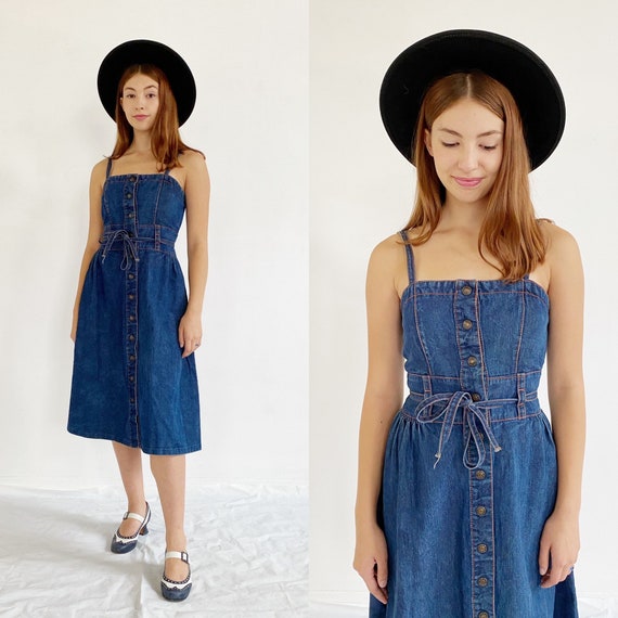 70s Denim Dress- S, Vintage Jean Overall Hippie Dr