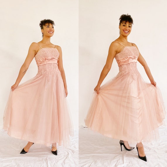 EMMA DOMB Blush Pink Gown- 1950s Dress, Wedding, B