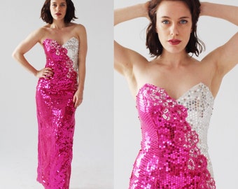 PINK SEQUIN GOWN- Metallic Bombshell Barbie Pinup xs Strapless Burlesque  6