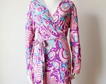 Abito a portafoglio vintage in jersey di seta Emilio Pucci – Stampa a spirale, taglia 38 g