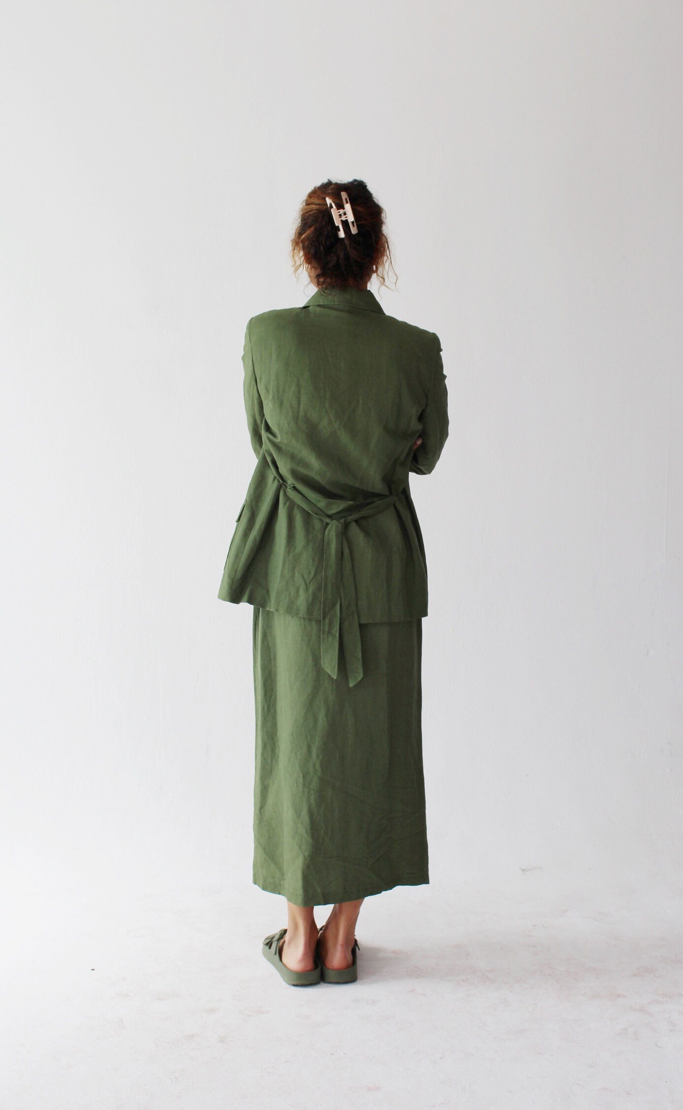 GREEN SAFARI SET- Linen 90s Minimalist Two Piece Skirt Suit