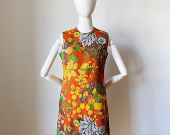 AUTUMN LEAF DRESS- 1960s Shift Barkcloth Burnt Orange, Green, Small, Medium Groovy Tiki p