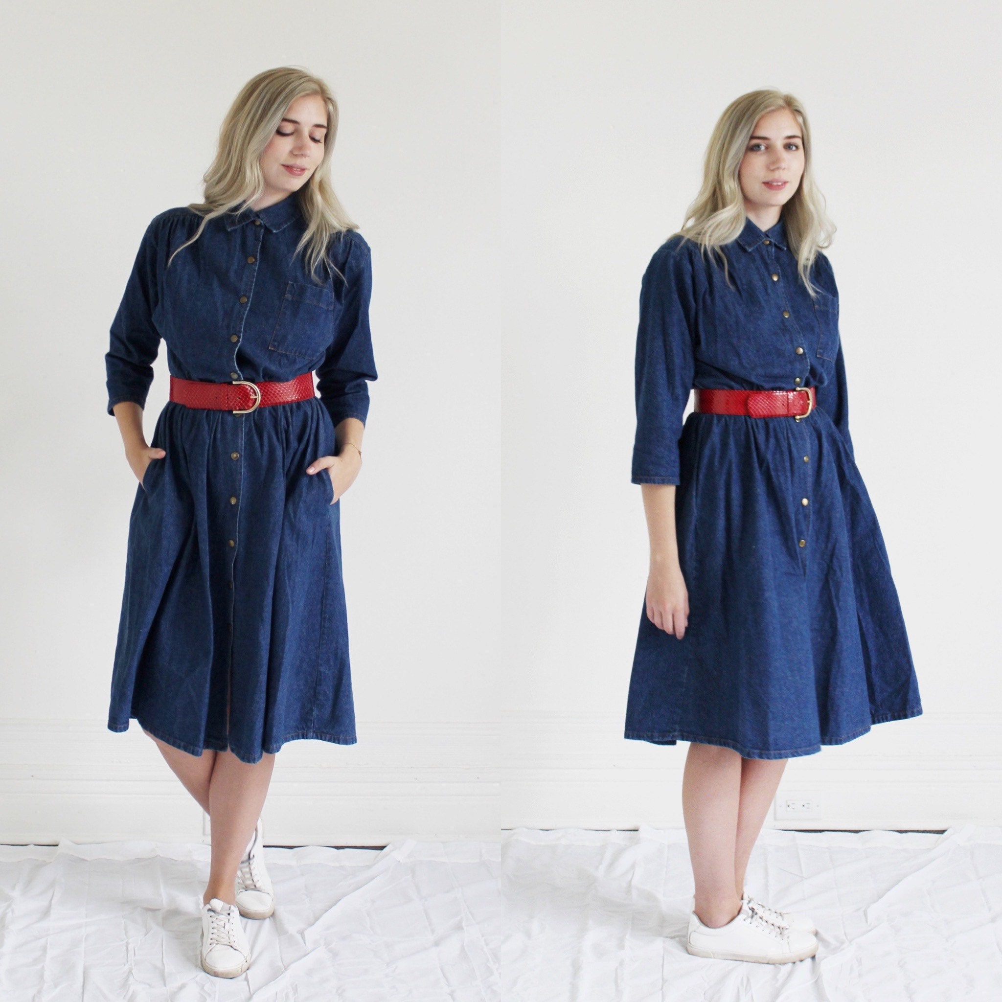70s Denim Dress M/L Pockets Random 