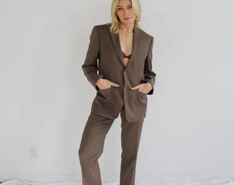 TAUPE PANT SUIT- Vintage Womens Boyfriend Two Piece Suit Blazer Trousers small 2 4