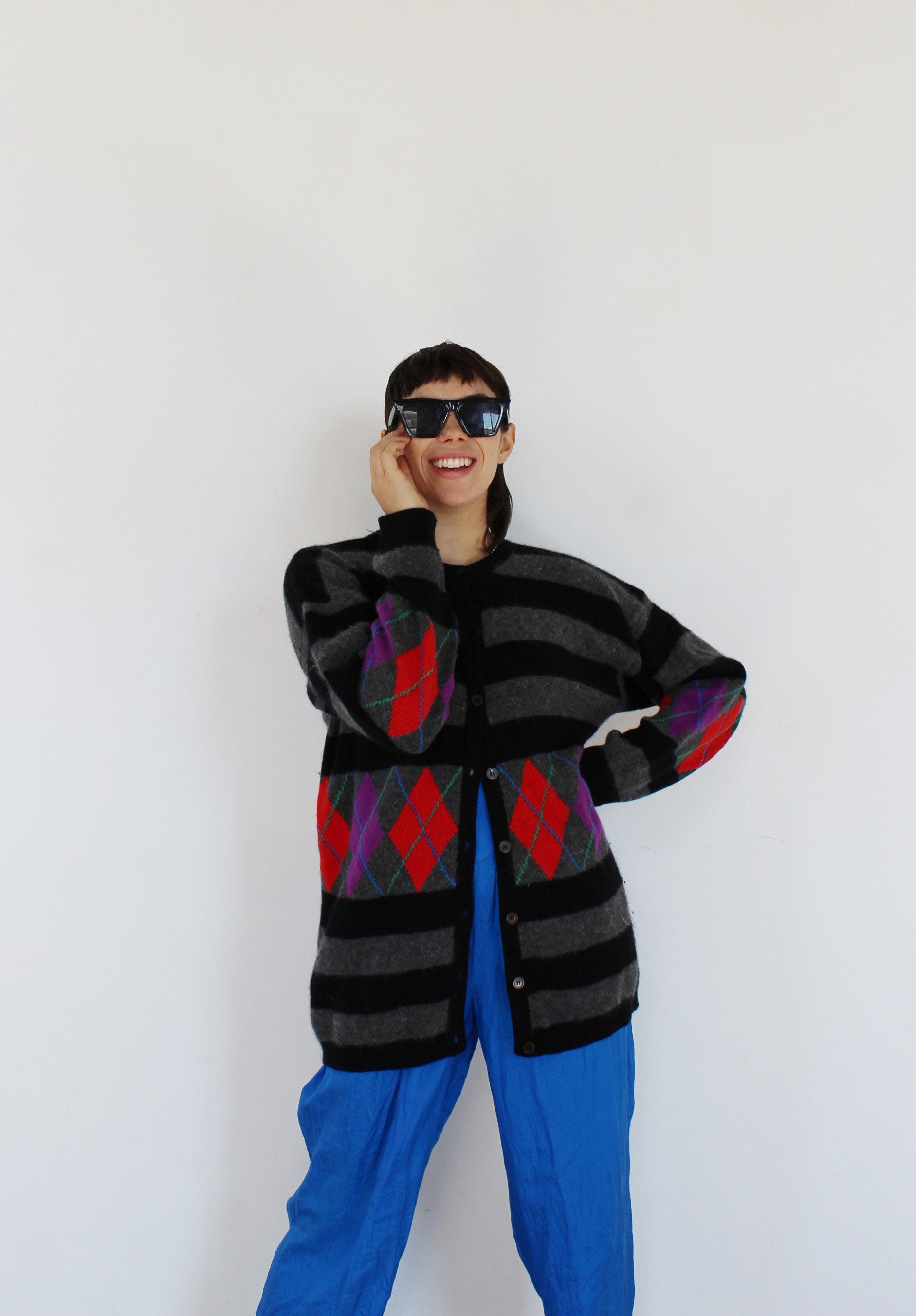 MOHAIR PREPPY CARDIGAN Sweater- Fuzzy Varsity Academia 90s Stripe Knit n