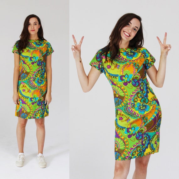 Psychedelic Neon Shift Dress- S, T-shirt Dress, 60