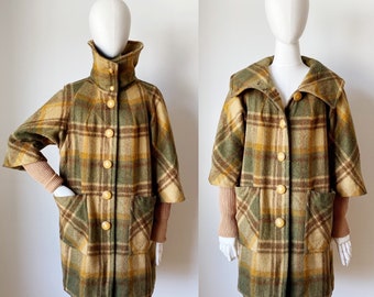 YELLOW PLAID SHACKET- Cottagecore coat Vintage 1970s Woodsy High Collar Sweater Sleeve Jacket, Penguin Fashions