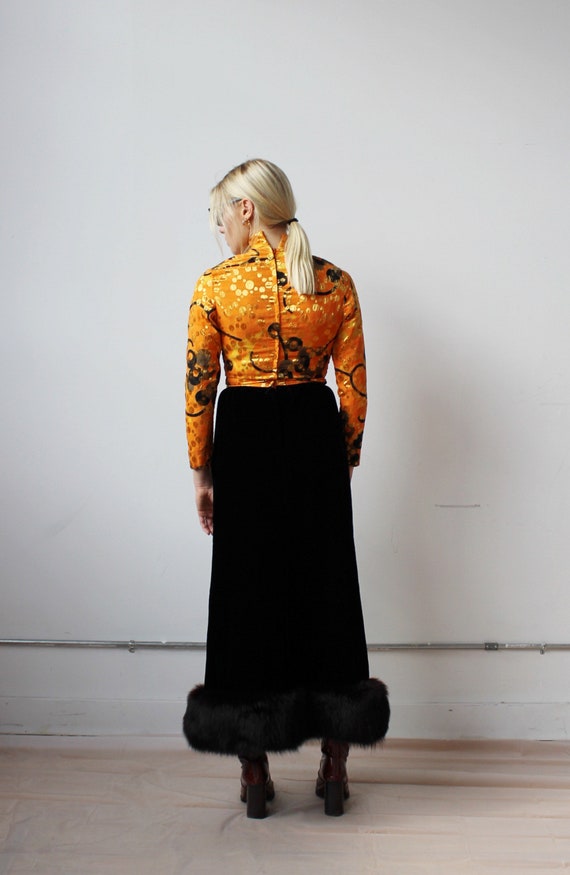 Metallic Orange Swirl & Velvet Fur Gown- S, Vinta… - image 8