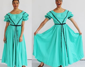 Mint Green Prarie Western Dress- 28, 1950s Vintage Boho Cottagecore, Circle Skirt 5