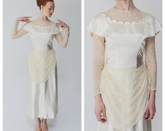 Vintage 1940s Wedding Dress- 27 Waist, Scallop, White, 40s, Lace, Long Sleeve Bridal 2