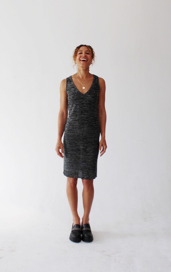Y2K Metallic Silver Bodycon Dress - Shimmer Knit Summer Dress, Size M
