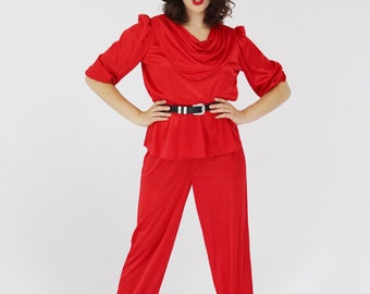 Vintage Rotes Outfit- 80er Jahre, M/L, Shiny Vintage Wetlook Metallic Hosenanzug, Zweiteiler 4