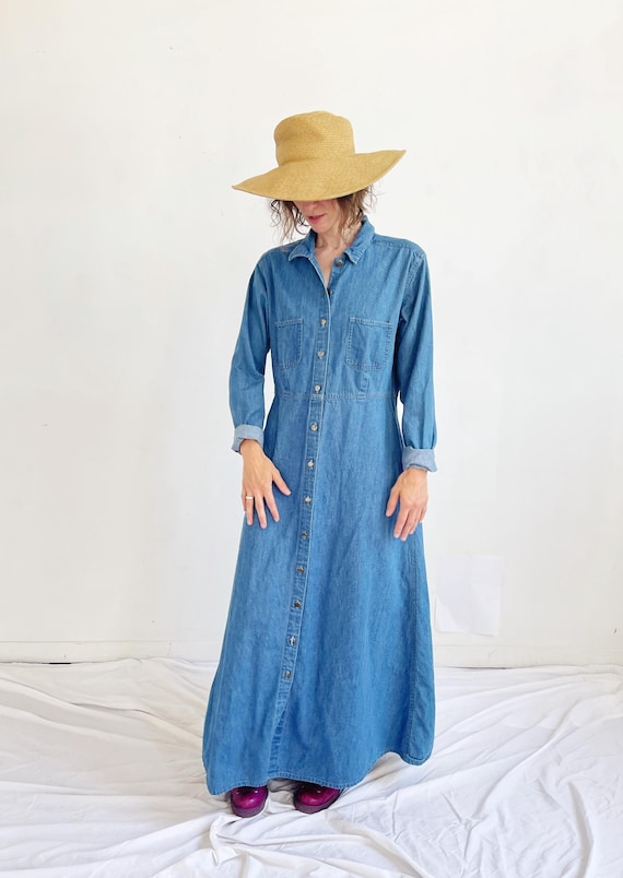 Reserved 90s DENIM DRESS- Vintage Tall Chambray Jean Button Front Long Midi