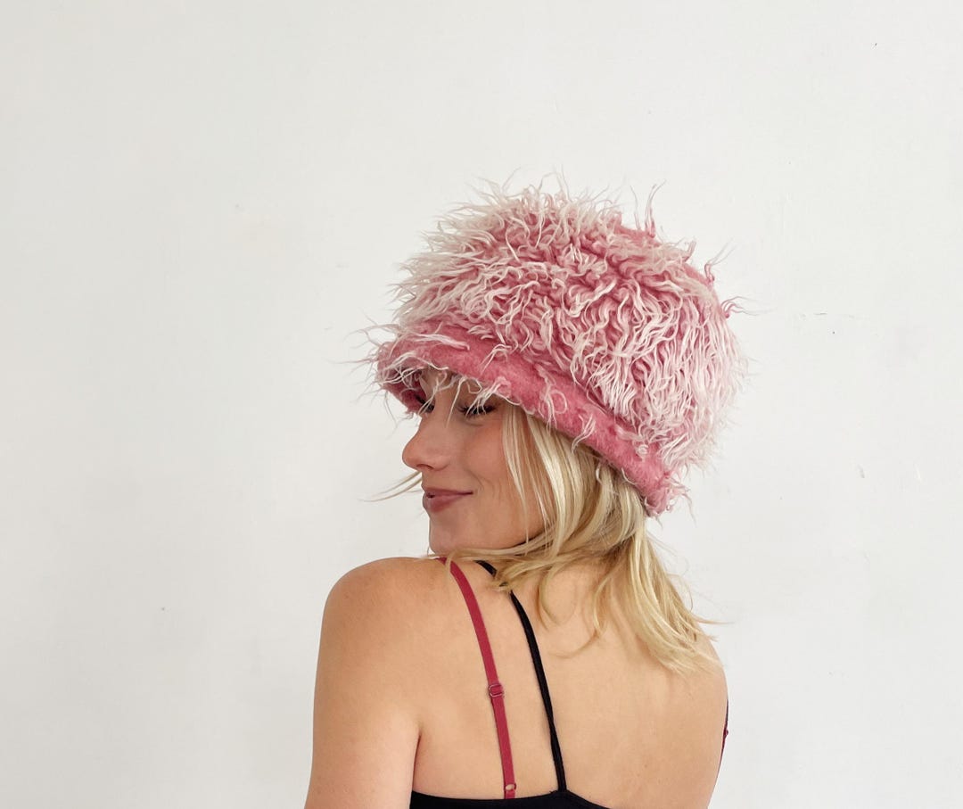 FUZZY BUCKET HAT- Faux Fur Pink 90s Y2k Vintage Rave Club Statement ...