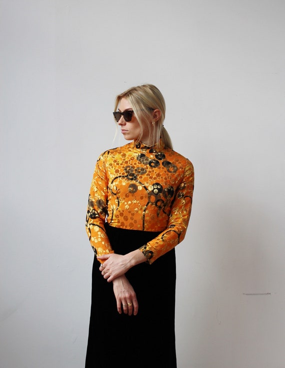 Metallic Orange Swirl & Velvet Fur Gown- S, Vinta… - image 2