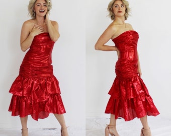 METALLIC RED Hourglass Strapless Dress- M, Shimmer Shiny Cocktail Gown, 80s Showgirl Pinup