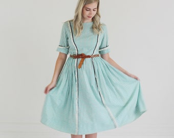 Mint Green Gingham Dress- 32, M/L, 1950s Prarie Western, Cottagecore 4