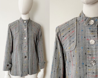 Confetti Knit Jacket- S, 1960s Womens Cardigan, Multicolor Gray Structured Blazer