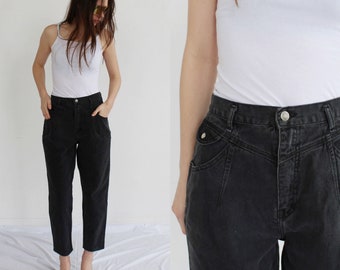 Black High Waist Jeans- 27, 80s Denim Faded Vintage Perfect Fade Relaxed Fit Denim Cropped Crop D
