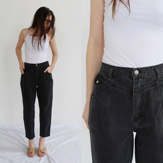 Black High Waist Jeans 27, 80s Denim Faded Vintage Perfect Fade Relaxed Fit  Denim Cropped Crop D 