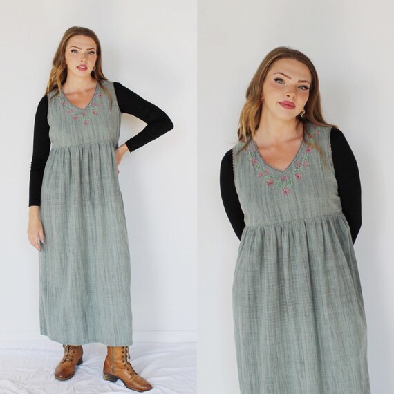 Sage Green Cotton Empire Waist Dress - Embroidered Flowers, S/M Sage Green Cotton Empire Waist Dress - Embroidered Flowers, S/M