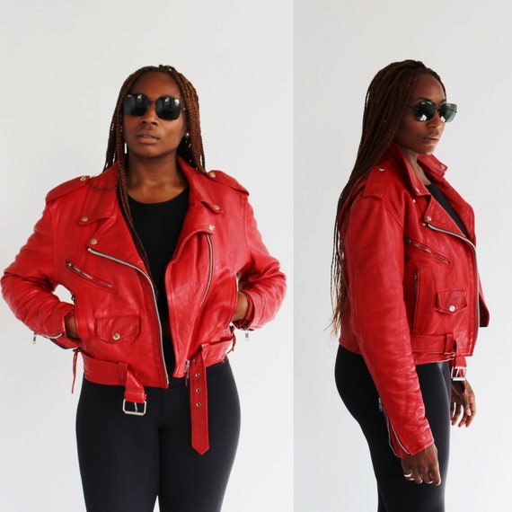 Red Leather Biker Jacket M Moto Glam 80s Vintage - Etsy Sweden