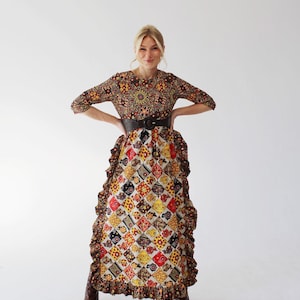 QUILTED PATCHWORK DRESS- Vintage Milkmaid 1960s Hippie Cottagecore Boho Maxi p