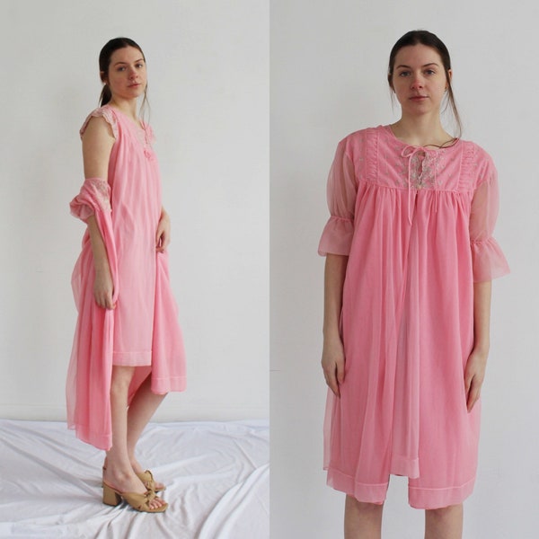 Pink 60s Lingerie Set- S/M, Vintage Peignoir 2 Piece Nightie Robe Set