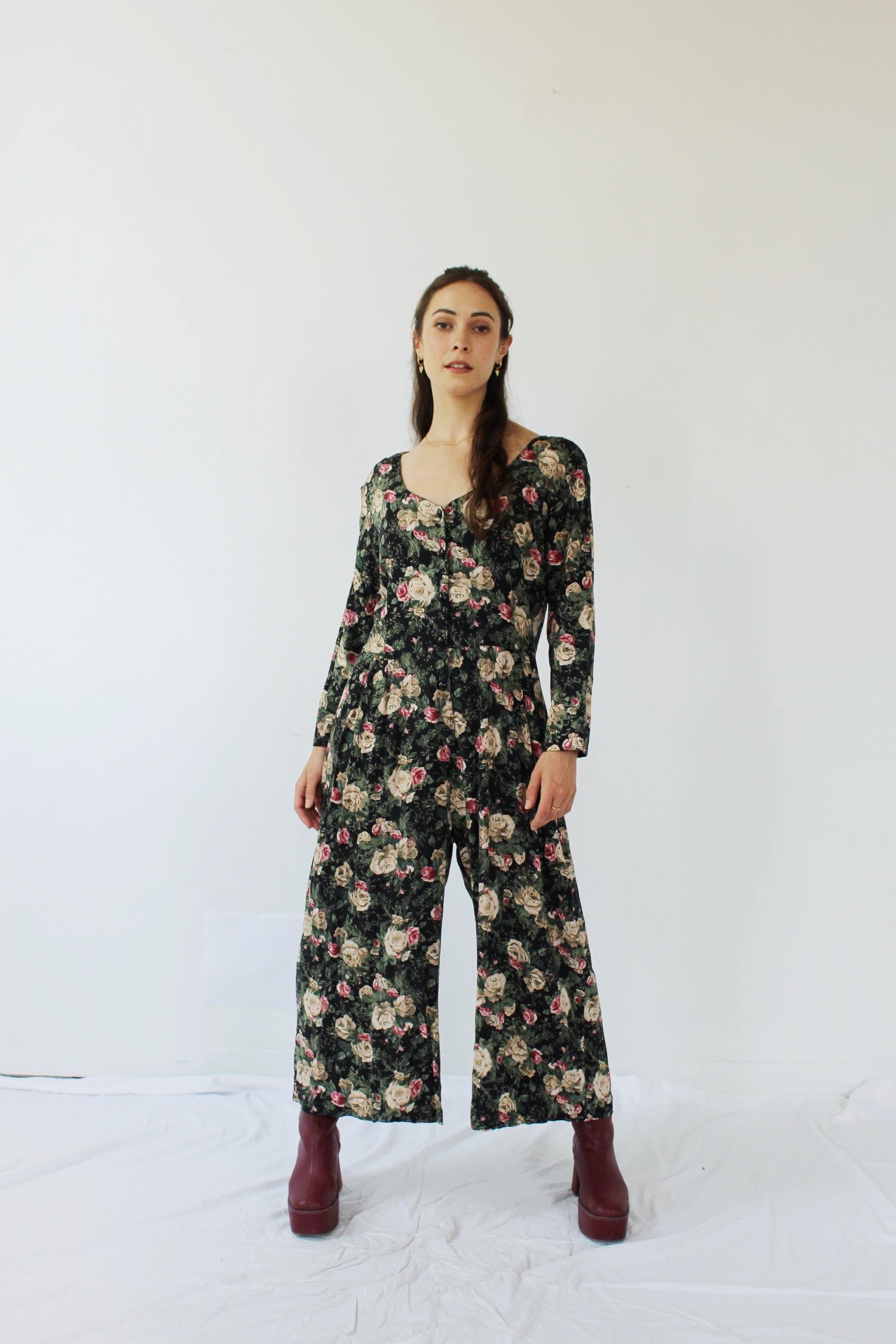 90s Floral Jumpsuit- Vintage Witchy Fall Long Sleeve Wideleg