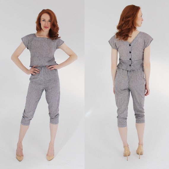 Pinstripe Two Piece Set- S, Black & Charcoal Gray,