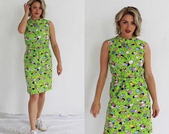 Psychedelic Trees Neon Green Shift Dress- S/M, 1960s Psychedelic Groovy Saturated Mod Mini