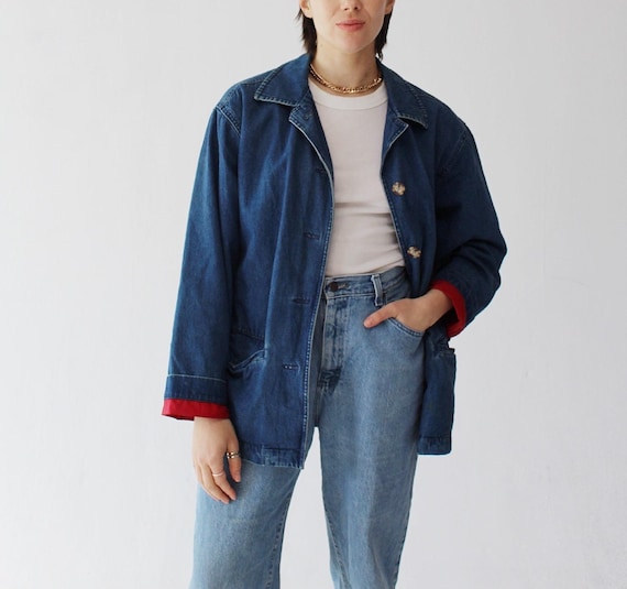 Vintage Eddie Bauer Denim Chore Coat - 90s Red Flannel Workwear