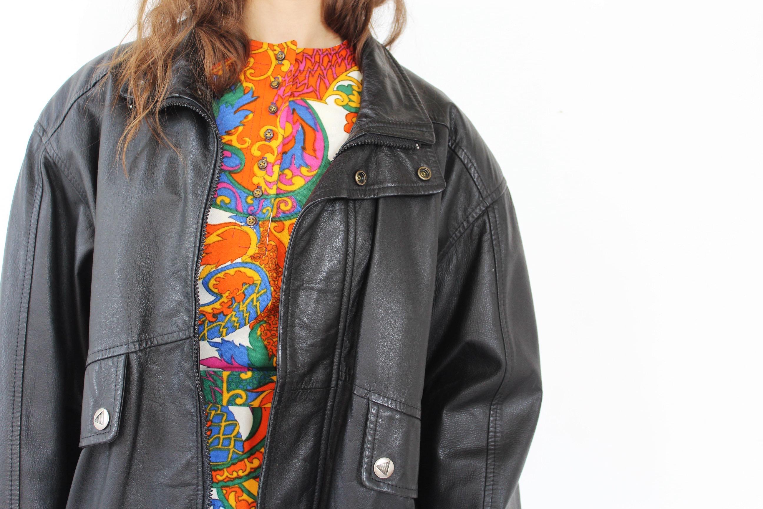 Leather Bomber Jacket- Vintage 90s Black Coat Fall Boxy