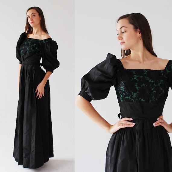 1950s Green & Black Garden Gown- XS, Puffy Sleeve,