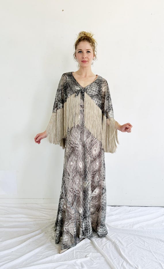 bohemian peacock dress 70s FRINGE CAPE DRESS- Vintage Feather Maxi Goddess Color:Yellow/Brown Stripe PREBACKINSTOCK ensuring effortless care and Women's All Pulled Together