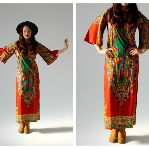 70s Bell Sleeve Batik Caftan- Boho Maxi Dress, Hippie Woodstock Hipster Bohemian Long Dress, Ethnic Pattern Bright Optic, Dashiki