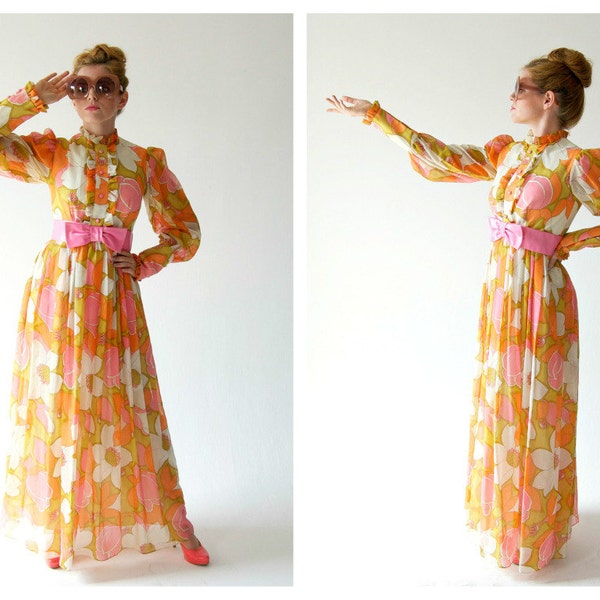 60s Flower Power Maxi Dress- Long Sleeve, High Collar, Retro XS Hippie Bohemian Orange Pink Yellow Flowy LOT 2