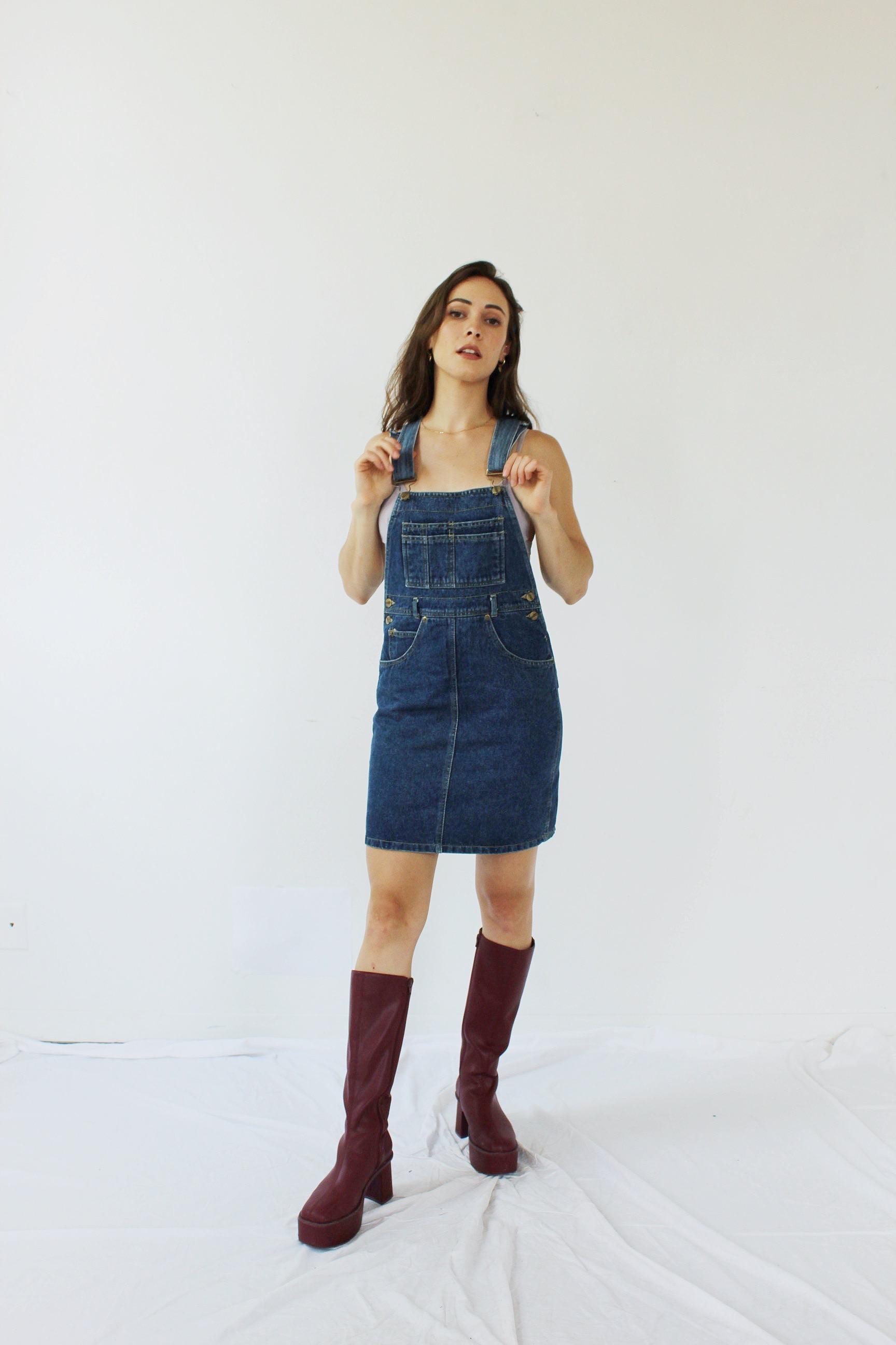 denim overall dress Lana Roux Women's Baggy Maxi Medium Denim / Large and side zipper closure. 90s Denim Overall Dress -