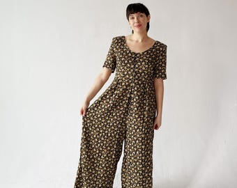 90s Floral Jumpsuit- Vintage Witchy WIdeleg Onesie Romper Black Beige Grunge Medium Large  q