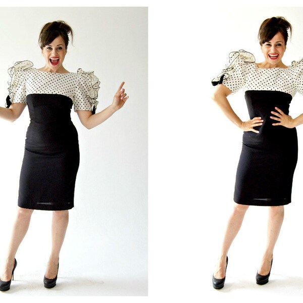 80s Polka Dot Dress- 32", 6/8, Frilled Shoulders, Party Cocktail, Avant Garde Shoulders, Statement Vintage Goth Pinup Hourglass Bombshell