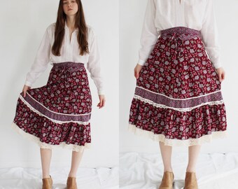 Calico Prarie Skirt- 27, 70s Boho Hippie Vintage Floral, High Waist Skirt