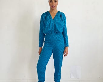 Teal Blue Silk Jumpsuit- Vintage Argenti 90s 80s fan embossed 6