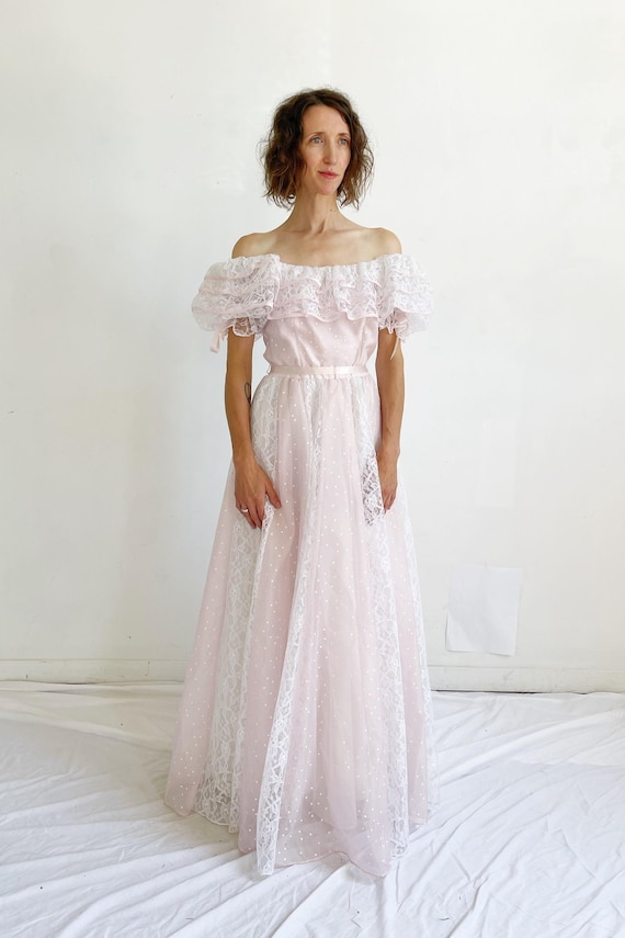 Pink Lace Gown- Vintage Swiss Dot Pastel Fancy Prom 80s Southern