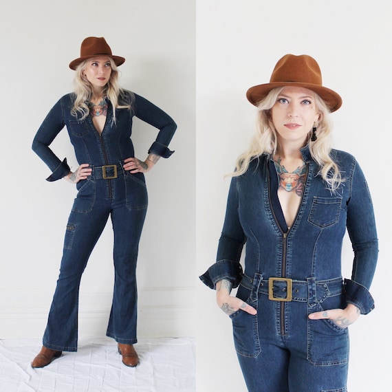 Mod Denim Catsuit- M/L, 90s Jumpsuit, Bell Bottom