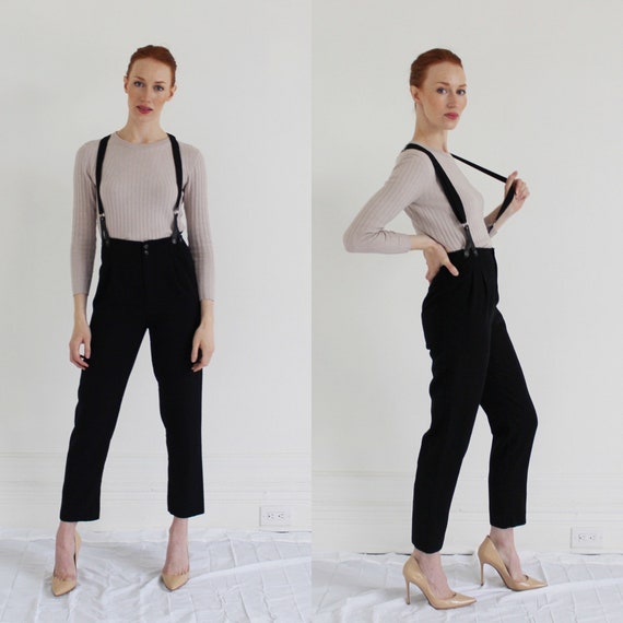 90s High Waist Suspender Pants- S, Black Tapered H
